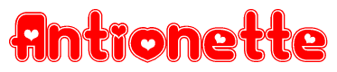 The image is a red and white graphic with the word Antionette written in a decorative script. Each letter in  is contained within its own outlined bubble-like shape. Inside each letter, there is a white heart symbol.
