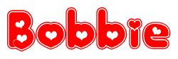 The image is a red and white graphic with the word Bobbie written in a decorative script. Each letter in  is contained within its own outlined bubble-like shape. Inside each letter, there is a white heart symbol.