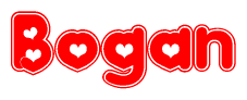 The image displays the word Bogan written in a stylized red font with hearts inside the letters.