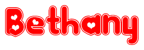 The image is a red and white graphic with the word Bethany written in a decorative script. Each letter in  is contained within its own outlined bubble-like shape. Inside each letter, there is a white heart symbol.