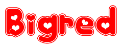 The image is a clipart featuring the word Bigred written in a stylized font with a heart shape replacing inserted into the center of each letter. The color scheme of the text and hearts is red with a light outline.