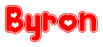 The image is a red and white graphic with the word Byron written in a decorative script. Each letter in  is contained within its own outlined bubble-like shape. Inside each letter, there is a white heart symbol.