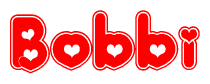 The image is a clipart featuring the word Bobbi written in a stylized font with a heart shape replacing inserted into the center of each letter. The color scheme of the text and hearts is red with a light outline.