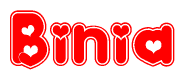 The image is a clipart featuring the word Binia written in a stylized font with a heart shape replacing inserted into the center of each letter. The color scheme of the text and hearts is red with a light outline.