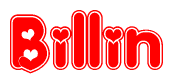 The image is a red and white graphic with the word Billin written in a decorative script. Each letter in  is contained within its own outlined bubble-like shape. Inside each letter, there is a white heart symbol.