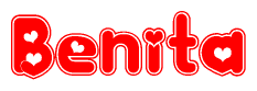 The image is a clipart featuring the word Benita written in a stylized font with a heart shape replacing inserted into the center of each letter. The color scheme of the text and hearts is red with a light outline.