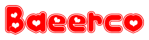 The image is a red and white graphic with the word Baeerco written in a decorative script. Each letter in  is contained within its own outlined bubble-like shape. Inside each letter, there is a white heart symbol.