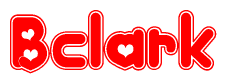   The image is a red and white graphic with the word Bclark written in a decorative script. Each letter in  is contained within its own outlined bubble-like shape. Inside each letter, there is a white heart symbol. 