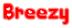 The image is a clipart featuring the word Breezy written in a stylized font with a heart shape replacing inserted into the center of each letter. The color scheme of the text and hearts is red with a light outline.