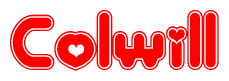 The image is a red and white graphic with the word Colwill written in a decorative script. Each letter in  is contained within its own outlined bubble-like shape. Inside each letter, there is a white heart symbol.