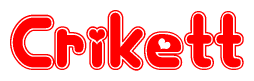 The image is a red and white graphic with the word Crikett written in a decorative script. Each letter in  is contained within its own outlined bubble-like shape. Inside each letter, there is a white heart symbol.
