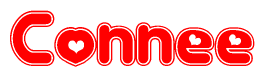 The image is a red and white graphic with the word Connee written in a decorative script. Each letter in  is contained within its own outlined bubble-like shape. Inside each letter, there is a white heart symbol.