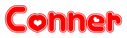 The image is a red and white graphic with the word Conner written in a decorative script. Each letter in  is contained within its own outlined bubble-like shape. Inside each letter, there is a white heart symbol.