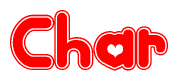 The image is a red and white graphic with the word Char written in a decorative script. Each letter in  is contained within its own outlined bubble-like shape. Inside each letter, there is a white heart symbol.