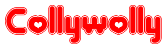 The image is a clipart featuring the word Collywolly written in a stylized font with a heart shape replacing inserted into the center of each letter. The color scheme of the text and hearts is red with a light outline.