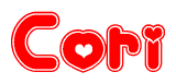 The image is a red and white graphic with the word Cori written in a decorative script. Each letter in  is contained within its own outlined bubble-like shape. Inside each letter, there is a white heart symbol.