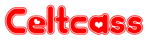 The image is a red and white graphic with the word Celtcass written in a decorative script. Each letter in  is contained within its own outlined bubble-like shape. Inside each letter, there is a white heart symbol.