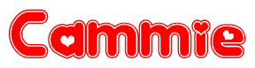 The image is a red and white graphic with the word Cammie written in a decorative script. Each letter in  is contained within its own outlined bubble-like shape. Inside each letter, there is a white heart symbol.