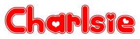 The image is a clipart featuring the word Charlsie written in a stylized font with a heart shape replacing inserted into the center of each letter. The color scheme of the text and hearts is red with a light outline.