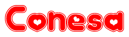 The image is a clipart featuring the word Conesa written in a stylized font with a heart shape replacing inserted into the center of each letter. The color scheme of the text and hearts is red with a light outline.