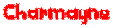 The image is a red and white graphic with the word Charmayne written in a decorative script. Each letter in  is contained within its own outlined bubble-like shape. Inside each letter, there is a white heart symbol.