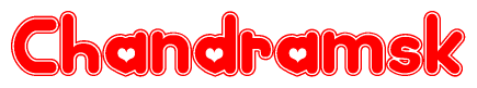 The image is a red and white graphic with the word Chandramsk written in a decorative script. Each letter in  is contained within its own outlined bubble-like shape. Inside each letter, there is a white heart symbol.