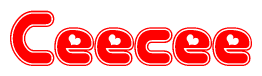 The image is a red and white graphic with the word Ceecee written in a decorative script. Each letter in  is contained within its own outlined bubble-like shape. Inside each letter, there is a white heart symbol.