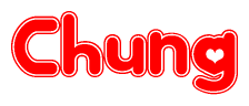 The image is a red and white graphic with the word Chung written in a decorative script. Each letter in  is contained within its own outlined bubble-like shape. Inside each letter, there is a white heart symbol.