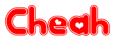 The image is a red and white graphic with the word Cheah written in a decorative script. Each letter in  is contained within its own outlined bubble-like shape. Inside each letter, there is a white heart symbol.