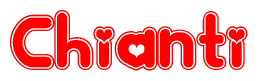 The image is a clipart featuring the word Chianti written in a stylized font with a heart shape replacing inserted into the center of each letter. The color scheme of the text and hearts is red with a light outline.