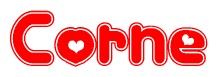 The image is a clipart featuring the word Corne written in a stylized font with a heart shape replacing inserted into the center of each letter. The color scheme of the text and hearts is red with a light outline.