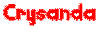 The image is a red and white graphic with the word Crysanda written in a decorative script. Each letter in  is contained within its own outlined bubble-like shape. Inside each letter, there is a white heart symbol.