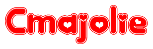 The image is a red and white graphic with the word Cmajolie written in a decorative script. Each letter in  is contained within its own outlined bubble-like shape. Inside each letter, there is a white heart symbol.
