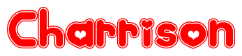 The image is a clipart featuring the word Charrison written in a stylized font with a heart shape replacing inserted into the center of each letter. The color scheme of the text and hearts is red with a light outline.