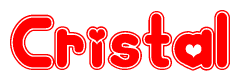 The image is a red and white graphic with the word Cristal written in a decorative script. Each letter in  is contained within its own outlined bubble-like shape. Inside each letter, there is a white heart symbol.