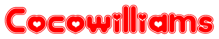 The image is a red and white graphic with the word Cocowilliams written in a decorative script. Each letter in  is contained within its own outlined bubble-like shape. Inside each letter, there is a white heart symbol.