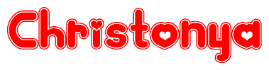 The image is a red and white graphic with the word Christonya written in a decorative script. Each letter in  is contained within its own outlined bubble-like shape. Inside each letter, there is a white heart symbol.