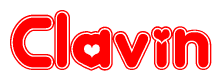 The image is a clipart featuring the word Clavin written in a stylized font with a heart shape replacing inserted into the center of each letter. The color scheme of the text and hearts is red with a light outline.