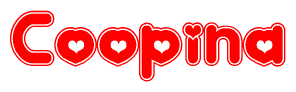 The image is a red and white graphic with the word Coopina written in a decorative script. Each letter in  is contained within its own outlined bubble-like shape. Inside each letter, there is a white heart symbol.
