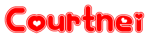 The image is a red and white graphic with the word Courtnei written in a decorative script. Each letter in  is contained within its own outlined bubble-like shape. Inside each letter, there is a white heart symbol.