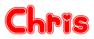 The image is a red and white graphic with the word Chris written in a decorative script. Each letter in  is contained within its own outlined bubble-like shape. Inside each letter, there is a white heart symbol.