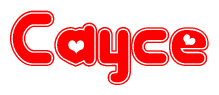 The image is a clipart featuring the word Cayce written in a stylized font with a heart shape replacing inserted into the center of each letter. The color scheme of the text and hearts is red with a light outline.