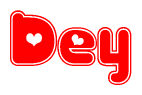 The image is a clipart featuring the word Dey written in a stylized font with a heart shape replacing inserted into the center of each letter. The color scheme of the text and hearts is red with a light outline.
