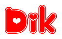 The image is a clipart featuring the word Dik written in a stylized font with a heart shape replacing inserted into the center of each letter. The color scheme of the text and hearts is red with a light outline.