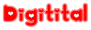 The image is a red and white graphic with the word Digitital written in a decorative script. Each letter in  is contained within its own outlined bubble-like shape. Inside each letter, there is a white heart symbol.