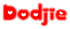 The image is a red and white graphic with the word Dodjie written in a decorative script. Each letter in  is contained within its own outlined bubble-like shape. Inside each letter, there is a white heart symbol.