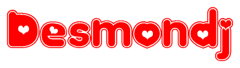 The image is a red and white graphic with the word Desmondj written in a decorative script. Each letter in  is contained within its own outlined bubble-like shape. Inside each letter, there is a white heart symbol.