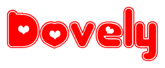 The image is a clipart featuring the word Dovely written in a stylized font with a heart shape replacing inserted into the center of each letter. The color scheme of the text and hearts is red with a light outline.