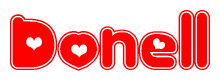 The image is a red and white graphic with the word Donell written in a decorative script. Each letter in  is contained within its own outlined bubble-like shape. Inside each letter, there is a white heart symbol.
