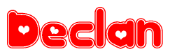 The image is a red and white graphic with the word Declan written in a decorative script. Each letter in  is contained within its own outlined bubble-like shape. Inside each letter, there is a white heart symbol.